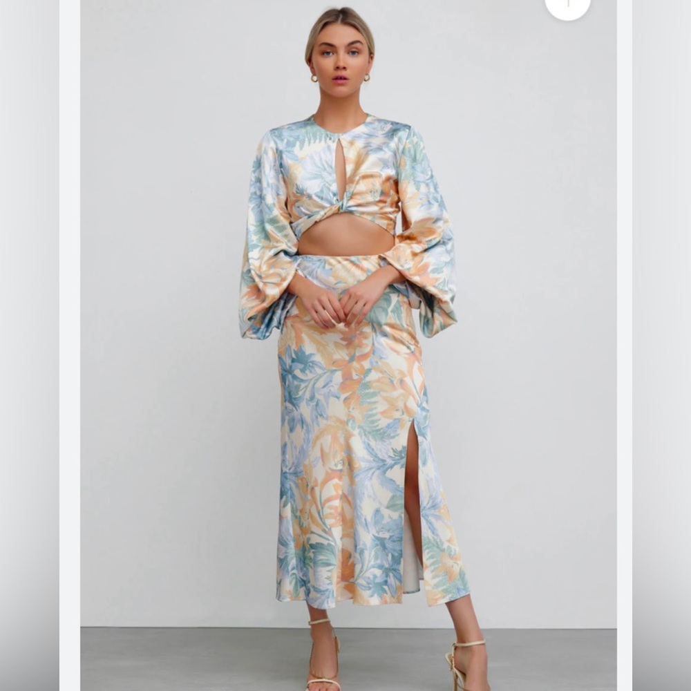 Floral Tie-Front Midi Dress in Pastel Blue and Peach